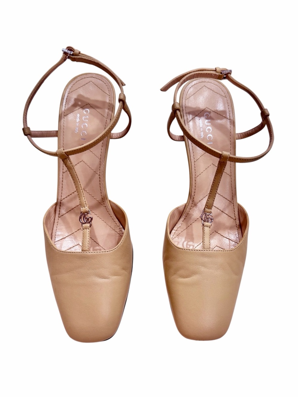 Gucci Double G Tan Leather T-Strap Square-Toe Heels Very Light Wear
